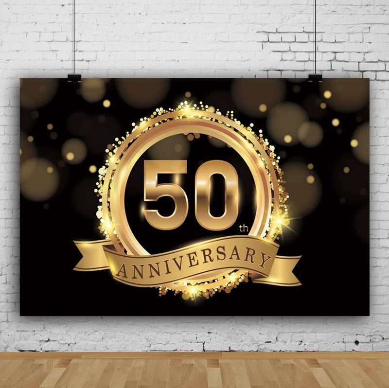 AOFOTO 6x4ft Happy 50th Anniversary Backdrop Gold Glitter Halo Dots Fift ieth Anniversaries Celebration Decor Golden Wedding Background for Photography Vinyl Photo Studio Props - Image 2